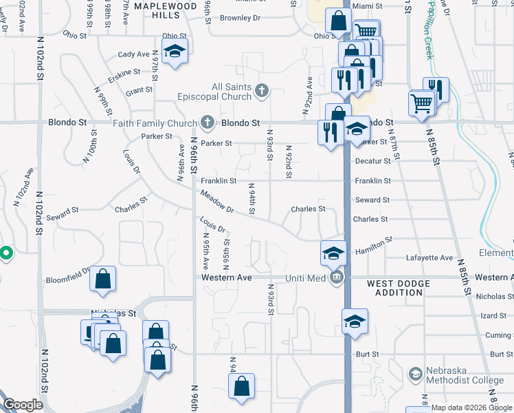 map of restaurants, bars, coffee shops, grocery stores, and more near 1521 North 94th Street in Omaha