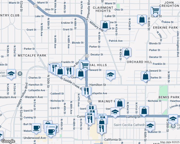 map of restaurants, bars, coffee shops, grocery stores, and more near in Omaha