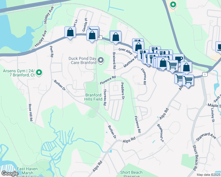 map of restaurants, bars, coffee shops, grocery stores, and more near 377 Walden Green Road in Branford