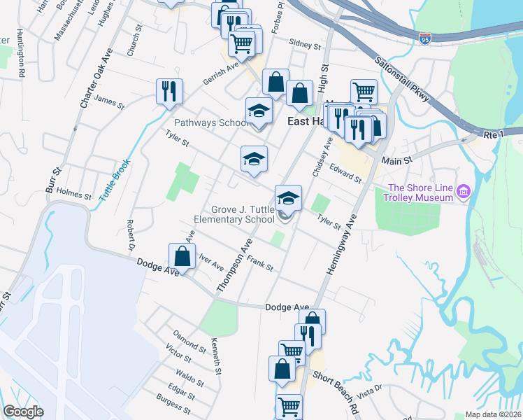 map of restaurants, bars, coffee shops, grocery stores, and more near 476 Thompson Avenue in East Haven