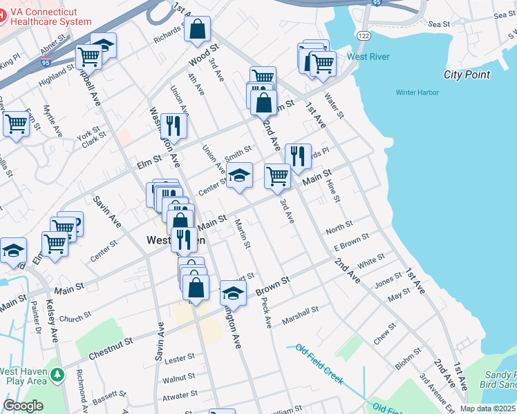 map of restaurants, bars, coffee shops, grocery stores, and more near in West Haven