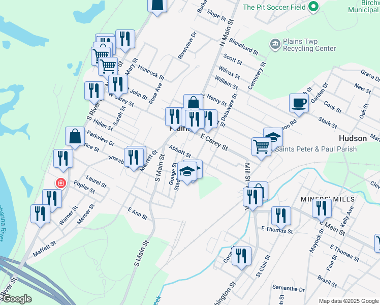 map of restaurants, bars, coffee shops, grocery stores, and more near 24 Abbott Street in Wilkes-Barre