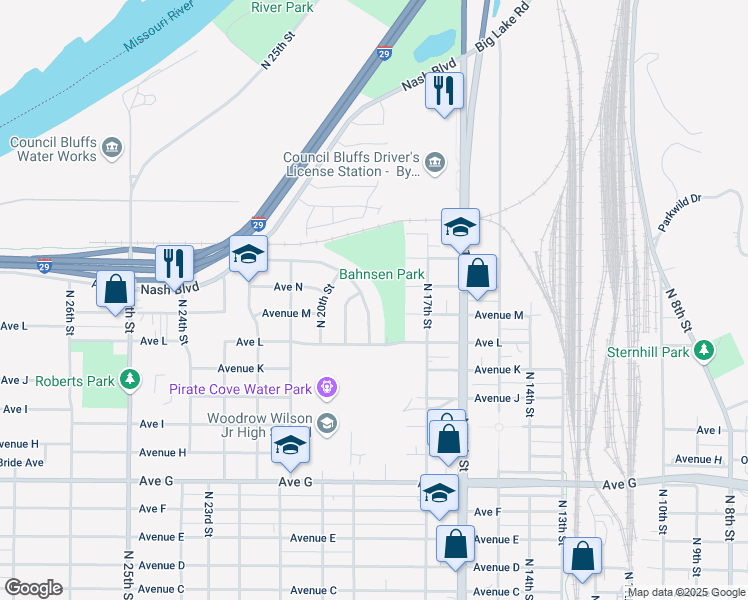 map of restaurants, bars, coffee shops, grocery stores, and more near 1311 Westside Drive in Council Bluffs