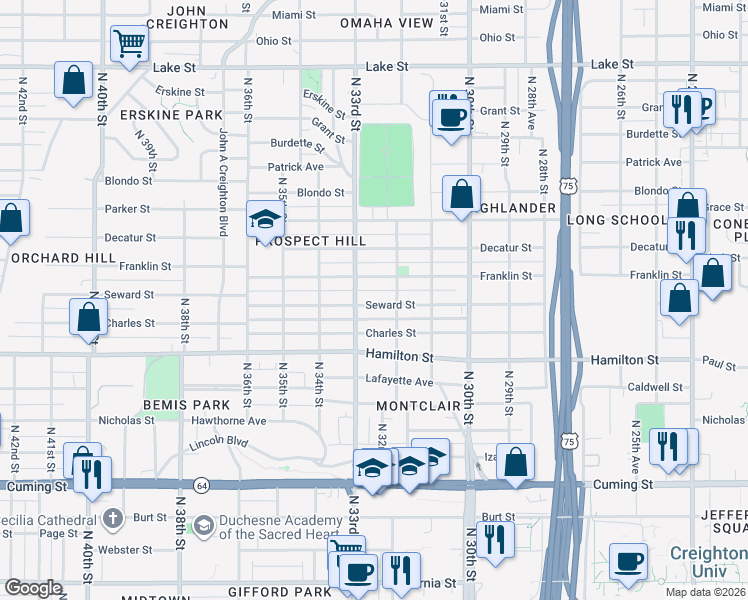 map of restaurants, bars, coffee shops, grocery stores, and more near 3226 Seward Street in Omaha