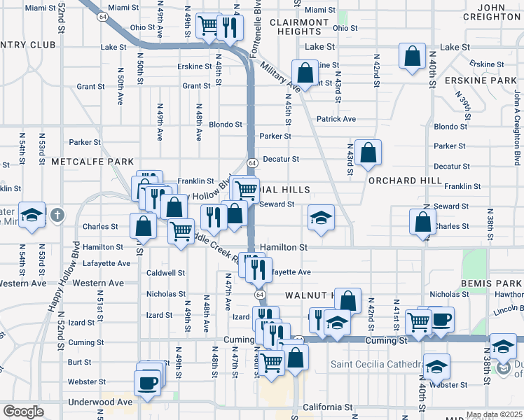 map of restaurants, bars, coffee shops, grocery stores, and more near in Omaha