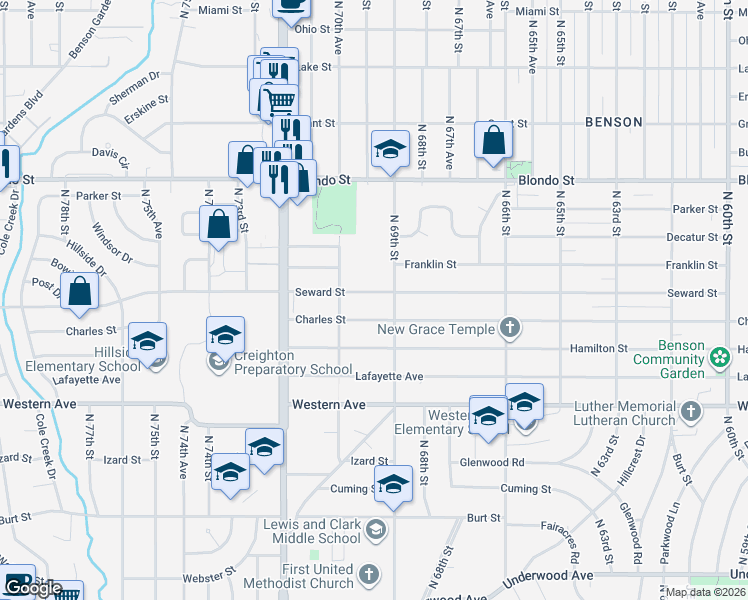 map of restaurants, bars, coffee shops, grocery stores, and more near 6905 Seward Street in Omaha