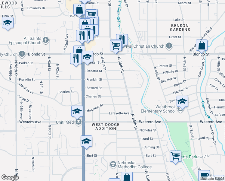 map of restaurants, bars, coffee shops, grocery stores, and more near 8531 Seward Street in Omaha
