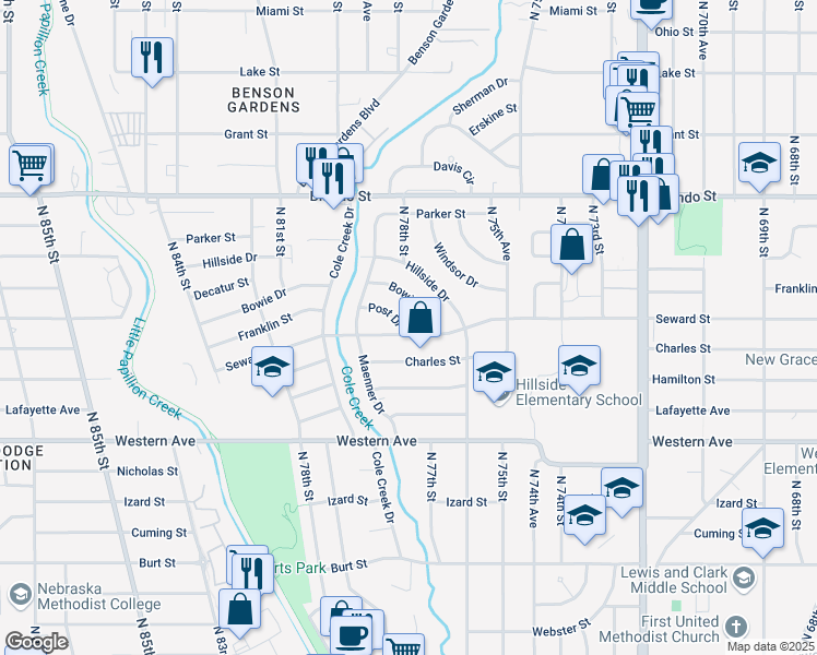 map of restaurants, bars, coffee shops, grocery stores, and more near 7726 Seward Street in Omaha