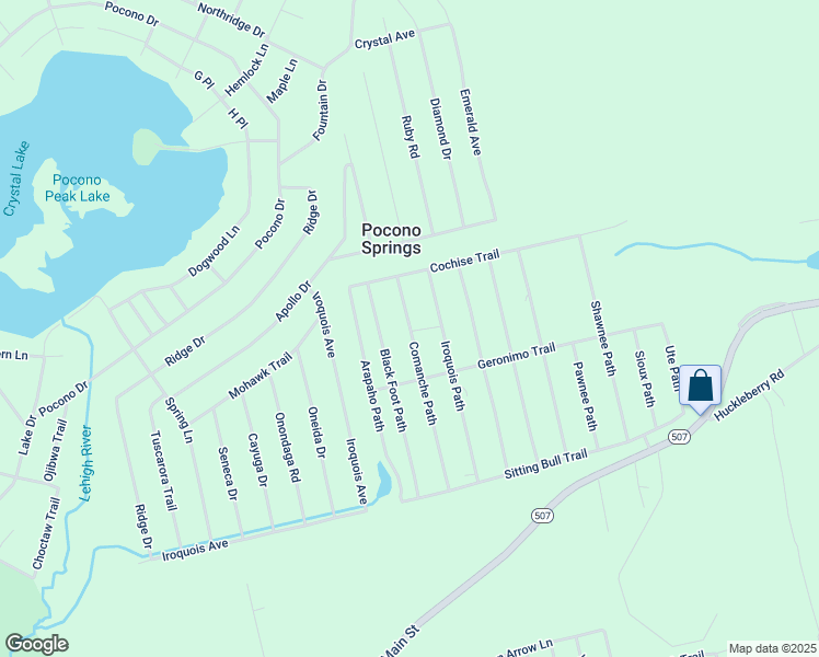 map of restaurants, bars, coffee shops, grocery stores, and more near Comanche Path in Pocono Springs