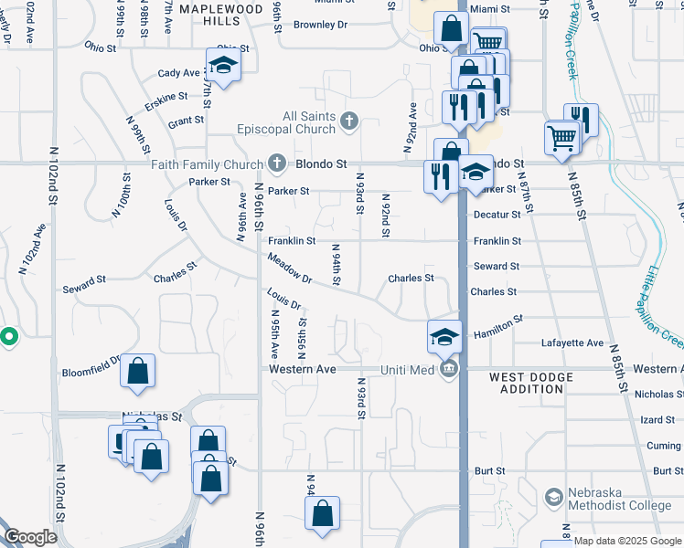 map of restaurants, bars, coffee shops, grocery stores, and more near 1521 North 94th Street in Omaha