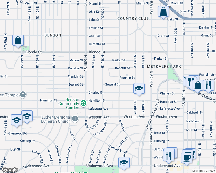 map of restaurants, bars, coffee shops, grocery stores, and more near 5757 Seward Street in Omaha