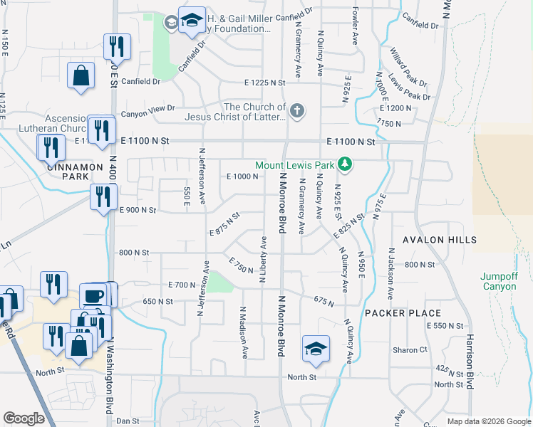 map of restaurants, bars, coffee shops, grocery stores, and more near 888 North Liberty Avenue in Ogden