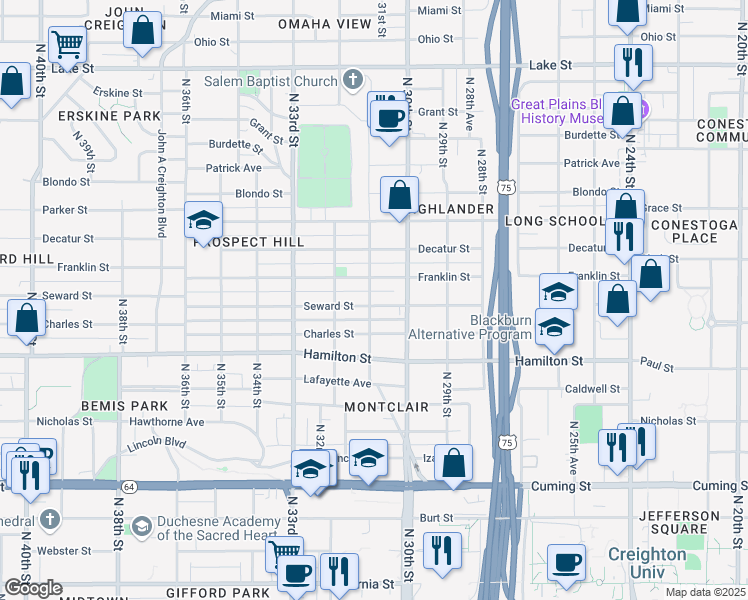 map of restaurants, bars, coffee shops, grocery stores, and more near 3028 Seward Street in Omaha