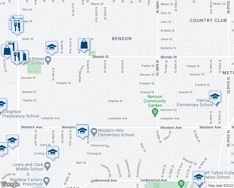 map of restaurants, bars, coffee shops, grocery stores, and more near 6309 Seward Street in Omaha