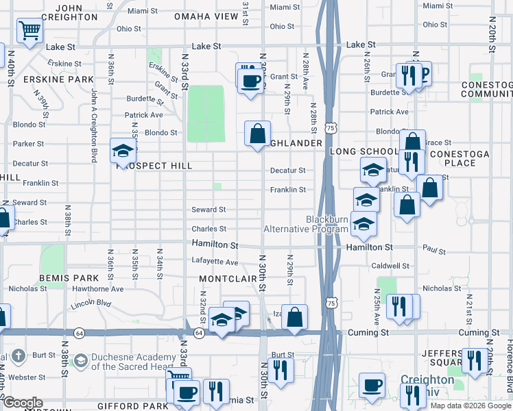 map of restaurants, bars, coffee shops, grocery stores, and more near 3008 Seward Street in Omaha