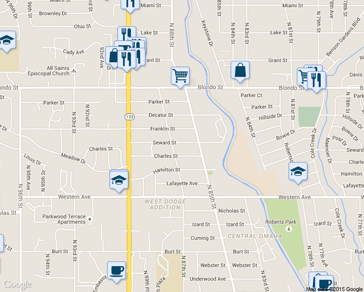 map of restaurants, bars, coffee shops, grocery stores, and more near 8531 Seward St in Omaha