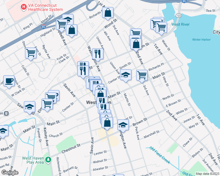 map of restaurants, bars, coffee shops, grocery stores, and more near 545 Washington Avenue in West Haven