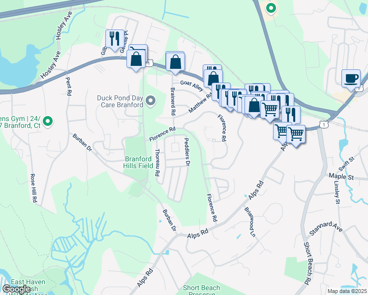 map of restaurants, bars, coffee shops, grocery stores, and more near 169 Peddlers Drive in Branford