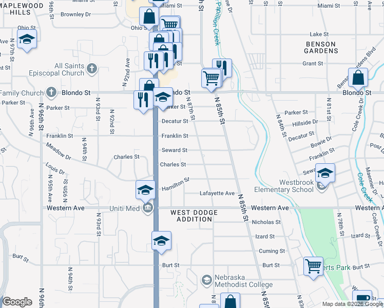 map of restaurants, bars, coffee shops, grocery stores, and more near 8715 Seward Street in Omaha
