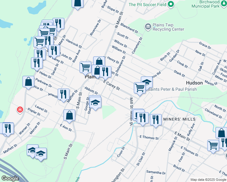 map of restaurants, bars, coffee shops, grocery stores, and more near 127-129 West Carey Street in Wilkes-Barre