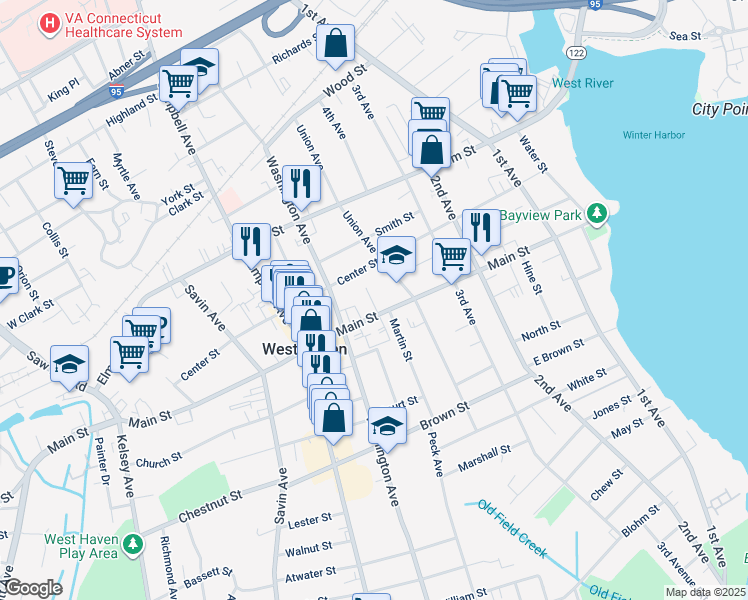 map of restaurants, bars, coffee shops, grocery stores, and more near 255 Main Street in West Haven