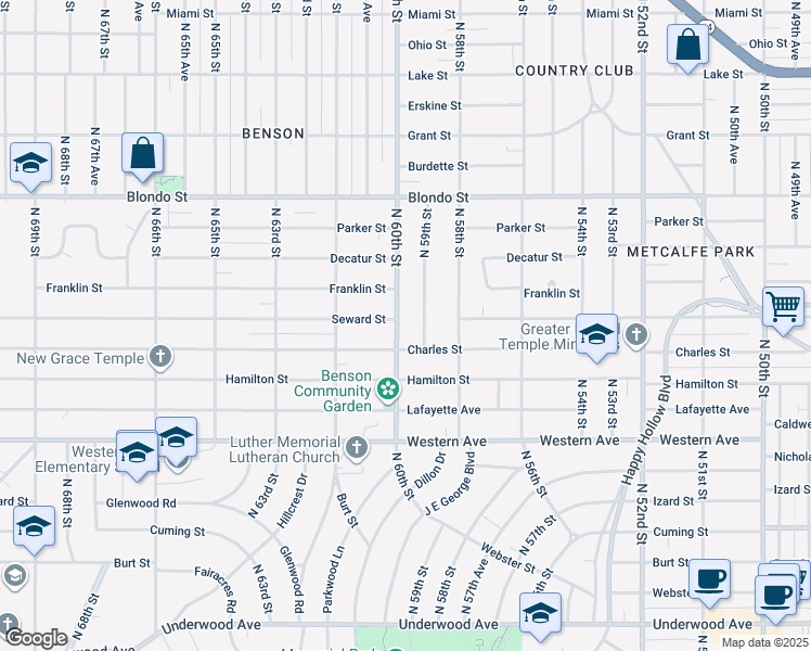 map of restaurants, bars, coffee shops, grocery stores, and more near 1513 North 60th Street in Omaha