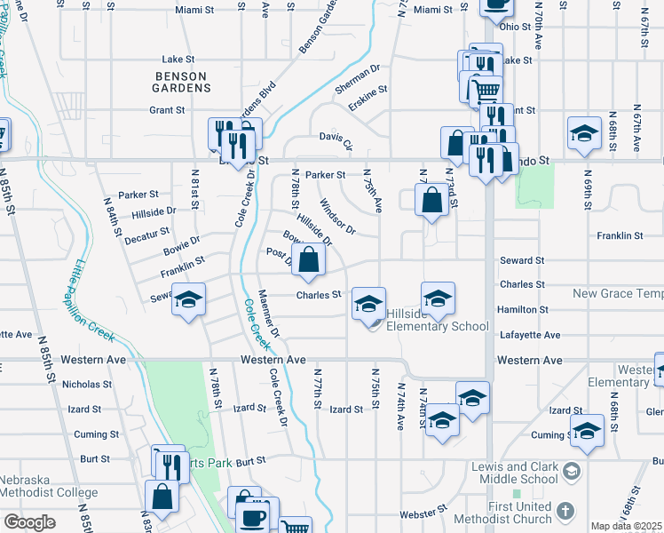 map of restaurants, bars, coffee shops, grocery stores, and more near 7614 Seward Street in Omaha