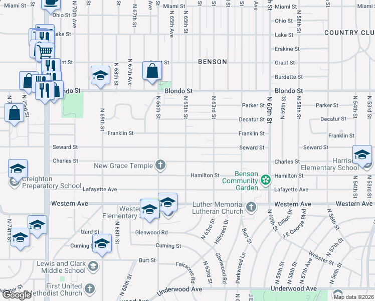map of restaurants, bars, coffee shops, grocery stores, and more near 1525 North 65th Street in Omaha
