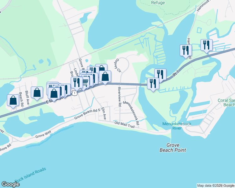 map of restaurants, bars, coffee shops, grocery stores, and more near 35 Riverview Road in Westbrook