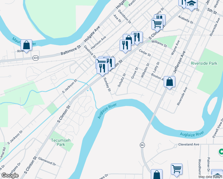 map of restaurants, bars, coffee shops, grocery stores, and more near 914 Sunday St in Defiance