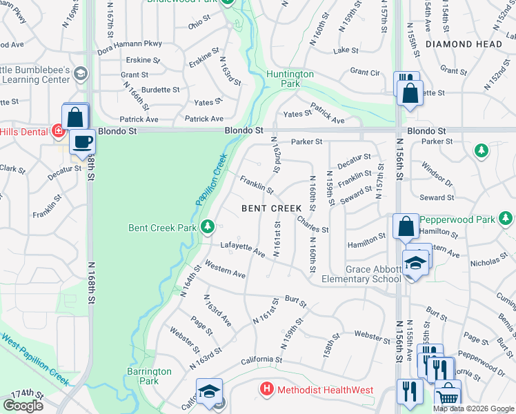 map of restaurants, bars, coffee shops, grocery stores, and more near 1522 North 162nd Street in Omaha