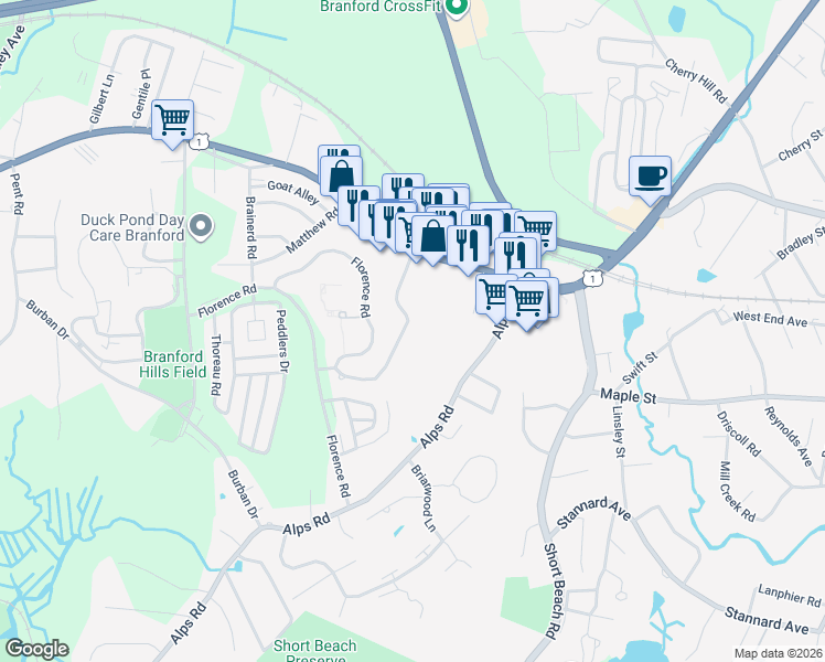 map of restaurants, bars, coffee shops, grocery stores, and more near 26 Orchard Hill Road in Branford