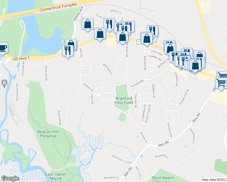 map of restaurants, bars, coffee shops, grocery stores, and more near 337 Jefferson Woods Road in Branford