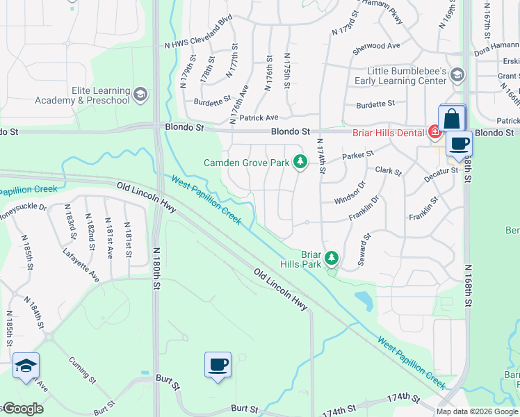 map of restaurants, bars, coffee shops, grocery stores, and more near 1726 North 176th Plaza in Omaha