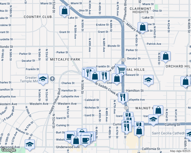 map of restaurants, bars, coffee shops, grocery stores, and more near 4901 Seward Street in Omaha