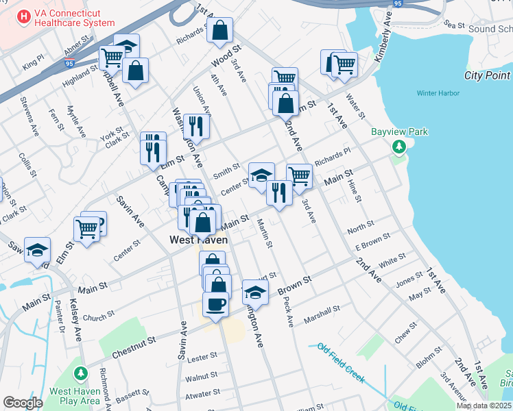 map of restaurants, bars, coffee shops, grocery stores, and more near 241 Main Street in West Haven