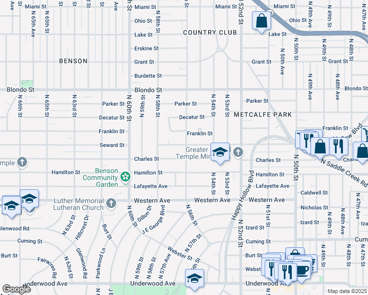 map of restaurants, bars, coffee shops, grocery stores, and more near 5601 Seward Street in Omaha