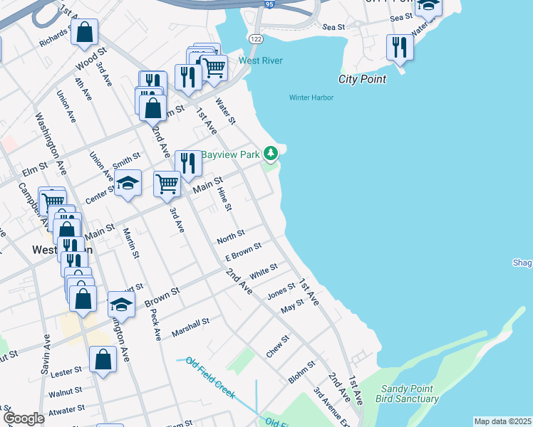 map of restaurants, bars, coffee shops, grocery stores, and more near 215 1st Avenue in West Haven