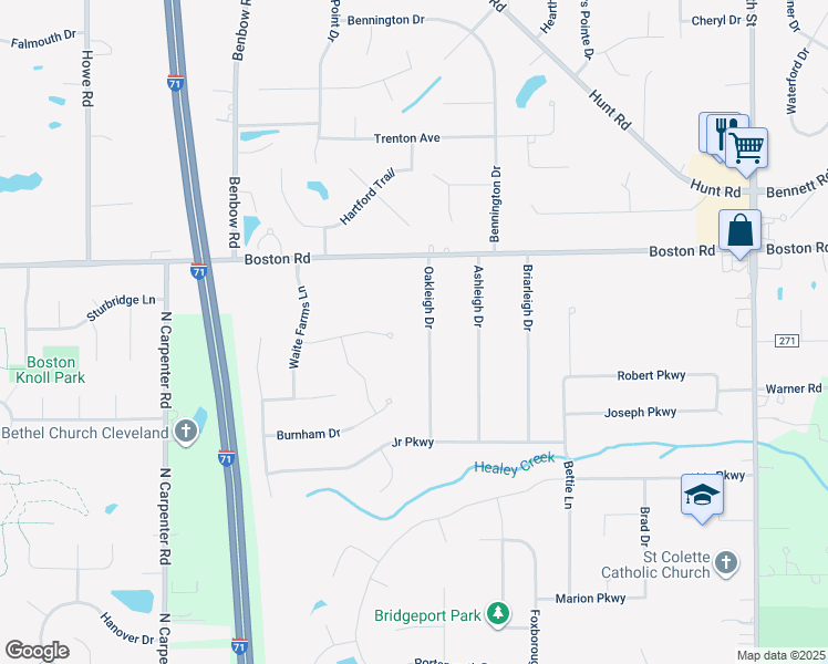 map of restaurants, bars, coffee shops, grocery stores, and more near 80 Oakleigh Dr in Brunswick