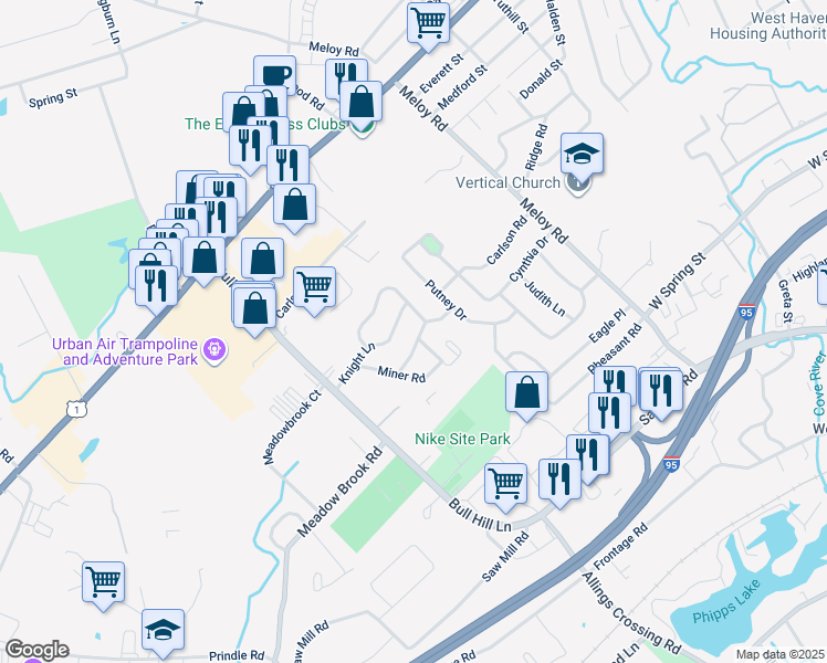 map of restaurants, bars, coffee shops, grocery stores, and more near 10 Whitney Lane in West Haven