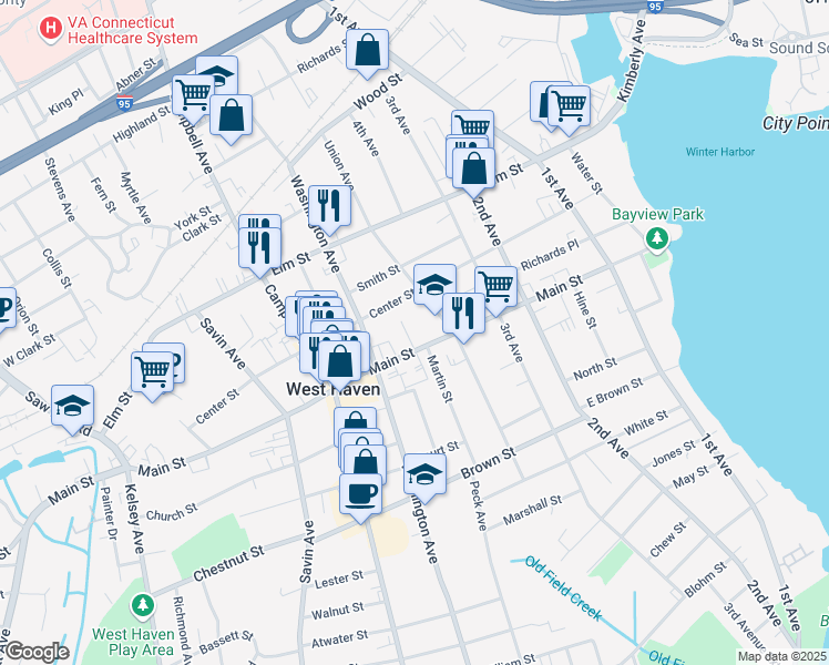 map of restaurants, bars, coffee shops, grocery stores, and more near 241 Main Street in West Haven