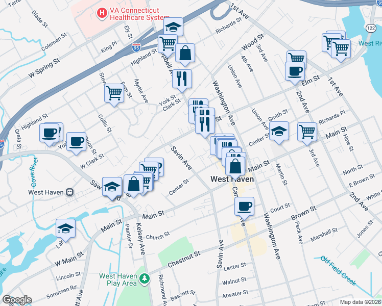 map of restaurants, bars, coffee shops, grocery stores, and more near 803 Savin Avenue in West Haven