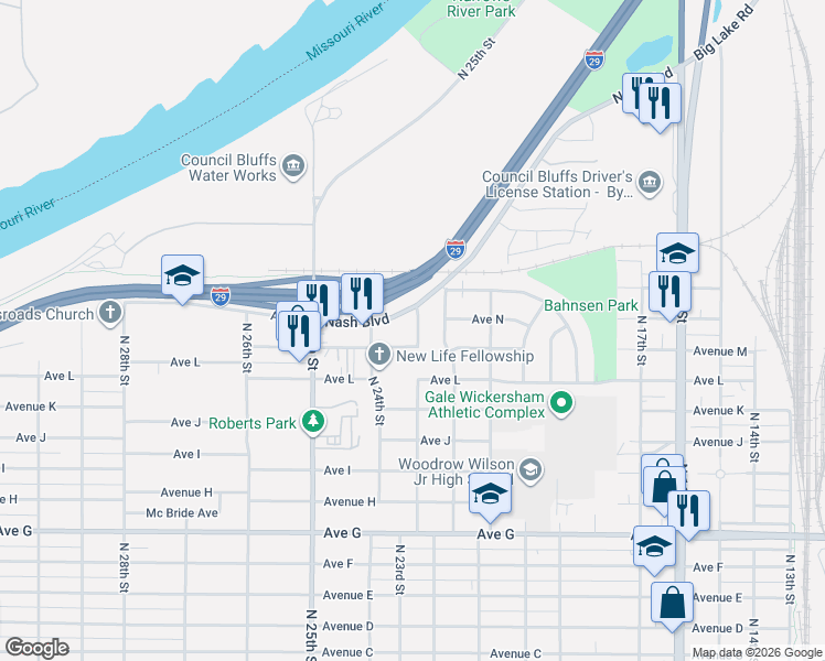 map of restaurants, bars, coffee shops, grocery stores, and more near 2311 Nash Boulevard in Council Bluffs