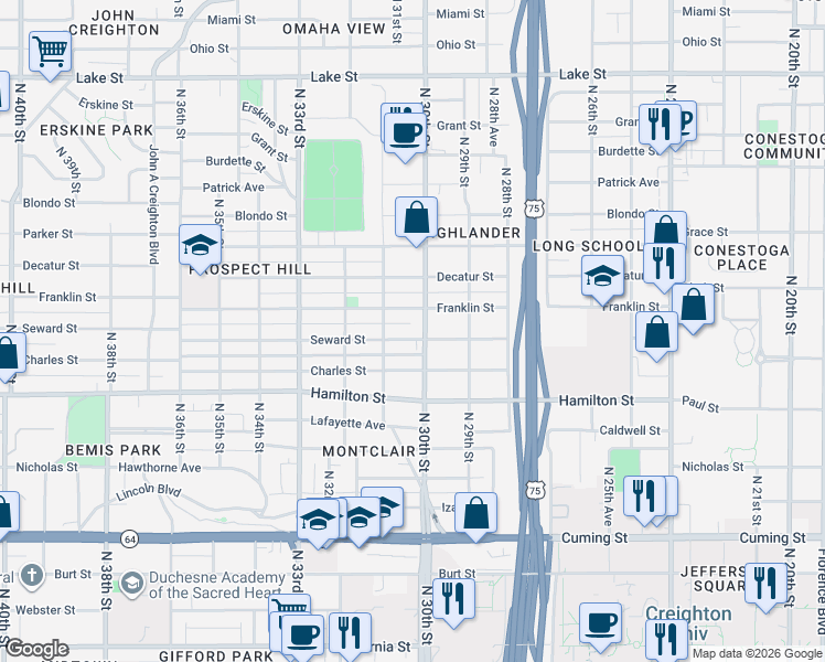 map of restaurants, bars, coffee shops, grocery stores, and more near in Omaha