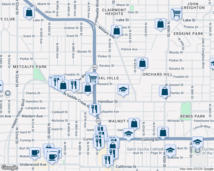 map of restaurants, bars, coffee shops, grocery stores, and more near 4535 Seward Street in Omaha