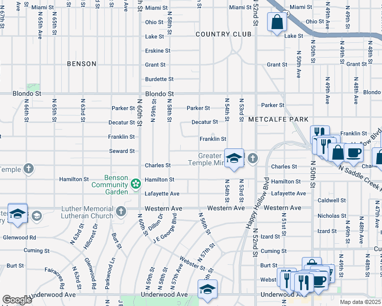 map of restaurants, bars, coffee shops, grocery stores, and more near 5601 Seward Street in Omaha