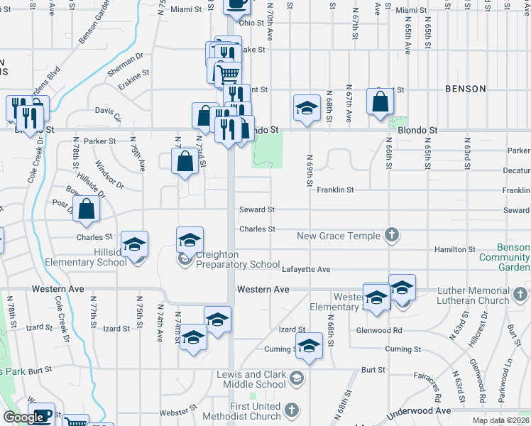 map of restaurants, bars, coffee shops, grocery stores, and more near 7073 Seward Street in Omaha