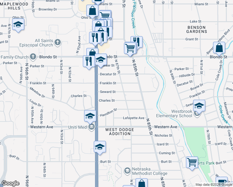 map of restaurants, bars, coffee shops, grocery stores, and more near 8715 Seward Street in Omaha