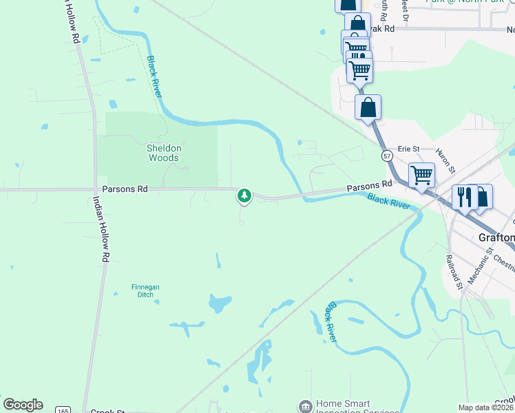 map of restaurants, bars, coffee shops, grocery stores, and more near 1043 Parsons Road in Grafton