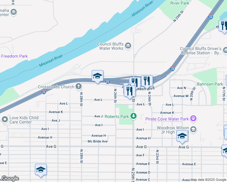 map of restaurants, bars, coffee shops, grocery stores, and more near 1202 North 26th Street in Council Bluffs